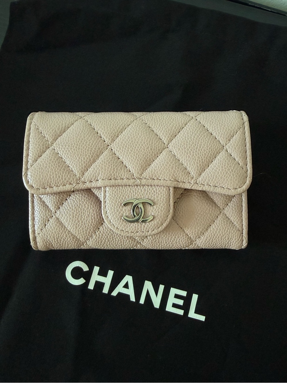 Chanel caviar quilted flap card holder wallet light pink